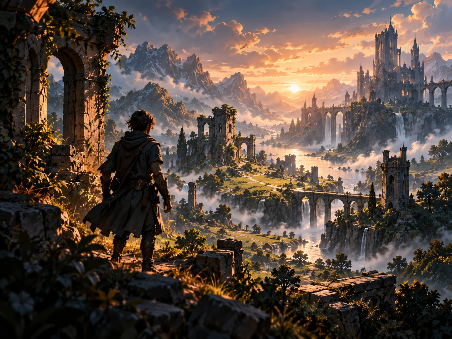 Atmospheric introductory guide display with fantasy environment artwork; book cover shown separately.